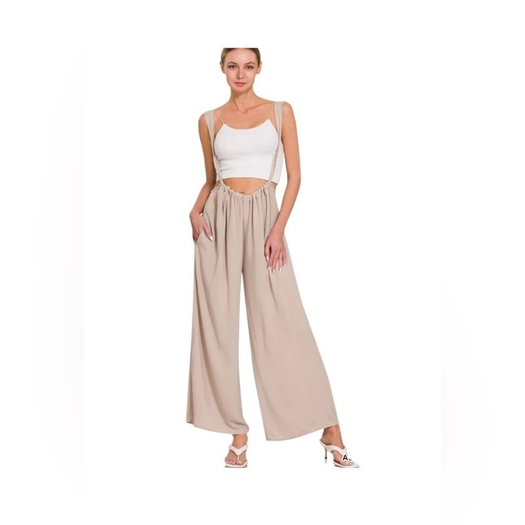 Zenana Outfitters Pants - Brand New Zenana Boho Wide Leg Jumpsuit w/ Pockets Stone Light Grey Rayon Small